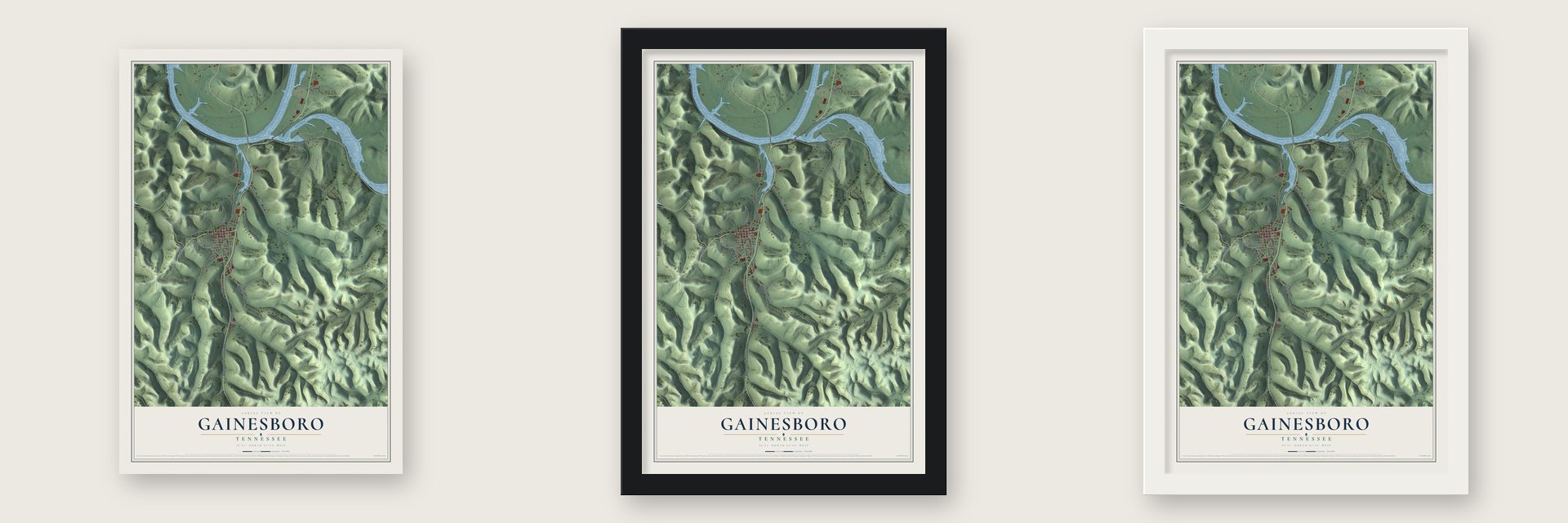 Gainesboro, Tennessee map unframed, in a black wood frame and in a white wood frame