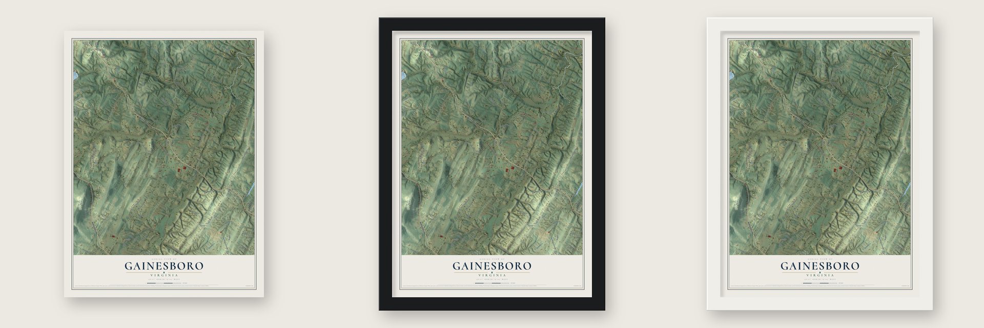 Gainesboro, Virginia map unframed, in a black wood frame and in a white wood frame