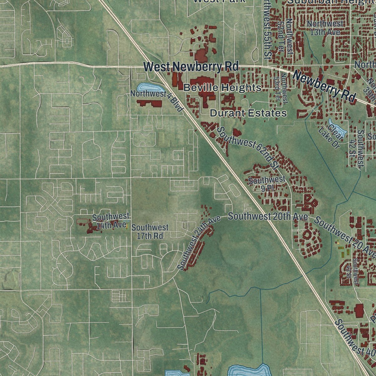 Second close-up of the map of Gainesville, Florida print showing more streets and buildings