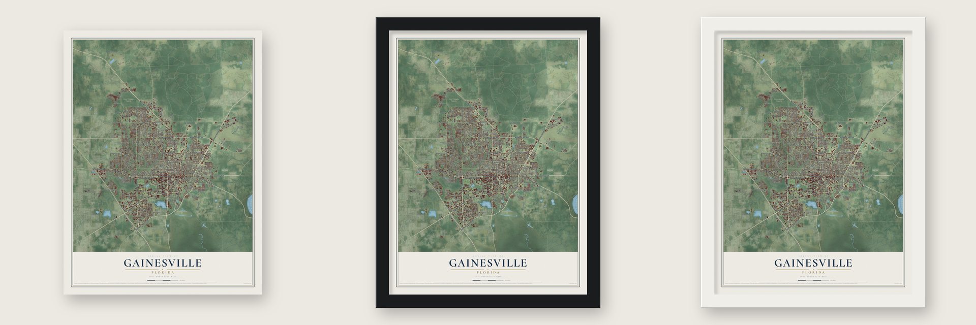 Gainesville, Florida map unframed, in a black wood frame and in a white wood frame