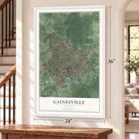 Gainesville, Florida map, 24 x 36 inch print in a white frame by a staircase