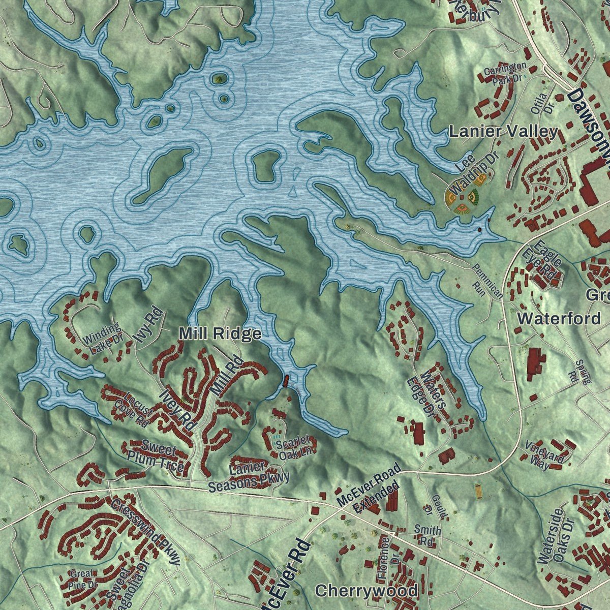 Second close-up of the map of Gainesville, Georgia print showing more streets and buildings