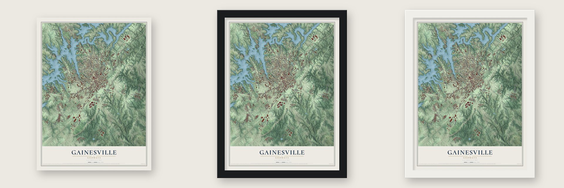 Gainesville, Georgia map unframed, in a black wood frame and in a white wood frame