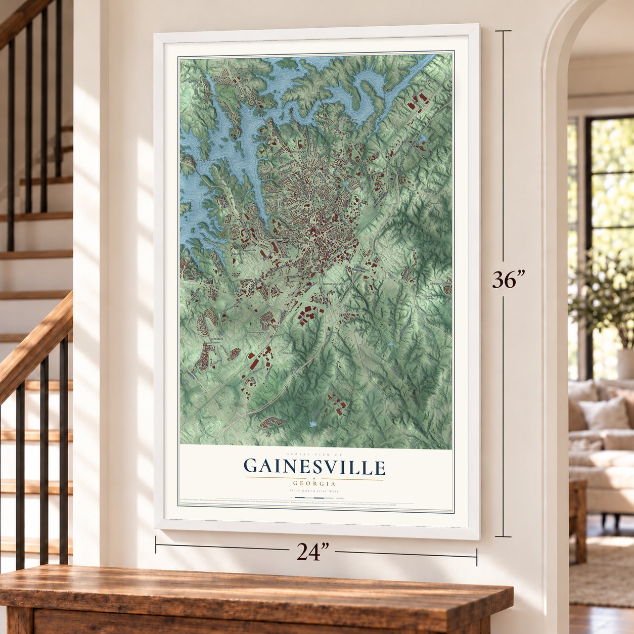 Gainesville, Georgia map, 24 x 36 inch print in a white frame by a staircase
