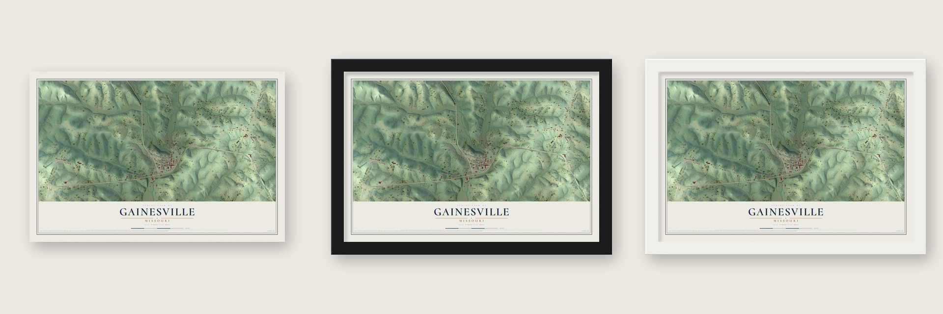 Gainesville, Missouri map unframed, in a black wood frame and in a white wood frame