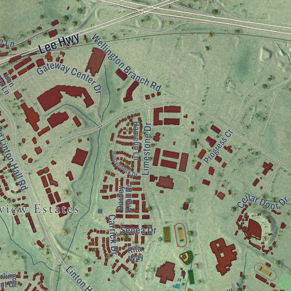 Second close-up of the map of Gainesville, Virginia print showing more streets and buildings
