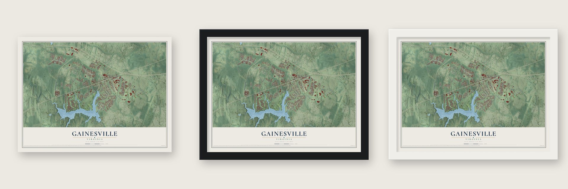 Gainesville, Virginia map unframed, in a black wood frame and in a white wood frame