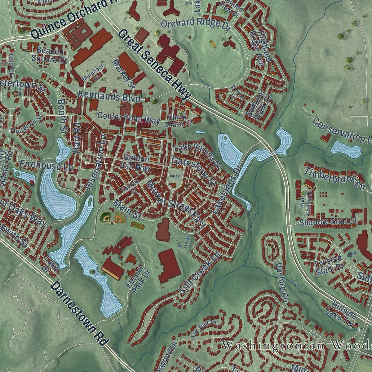Second close-up of the map of Gaithersburg, Maryland print showing more streets and buildings