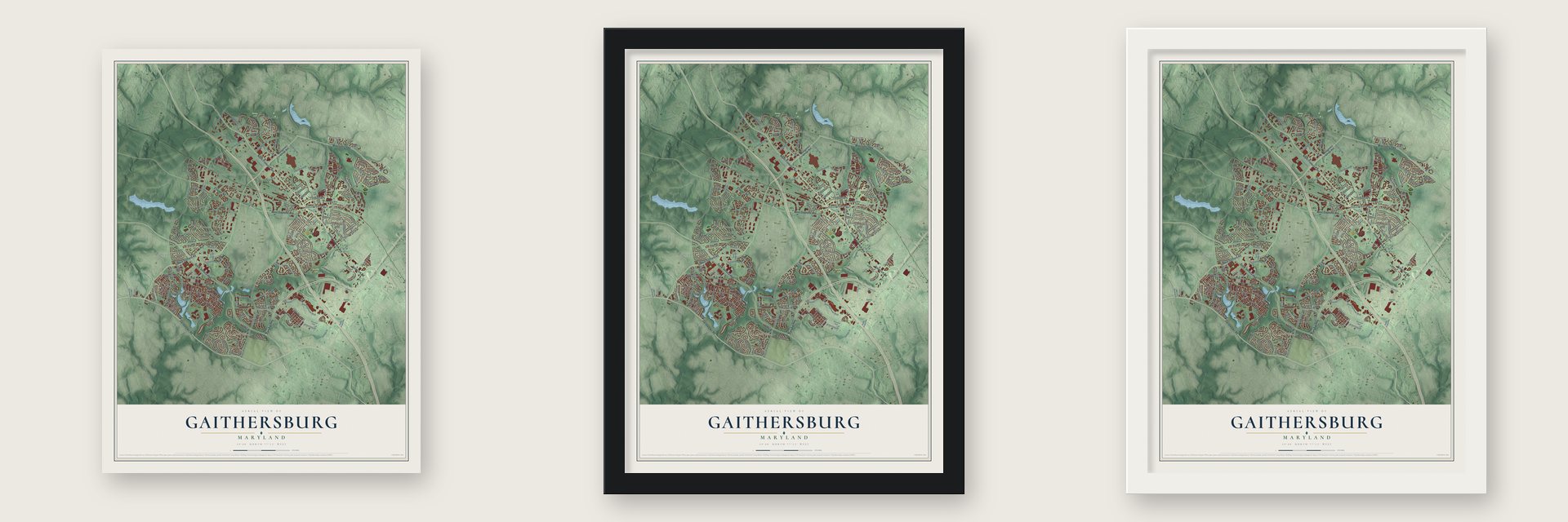 Gaithersburg, Maryland map unframed, in a black wood frame and in a white wood frame