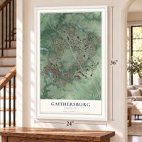 Gaithersburg, Maryland map, 24 x 36 inch print in a white frame by a staircase
