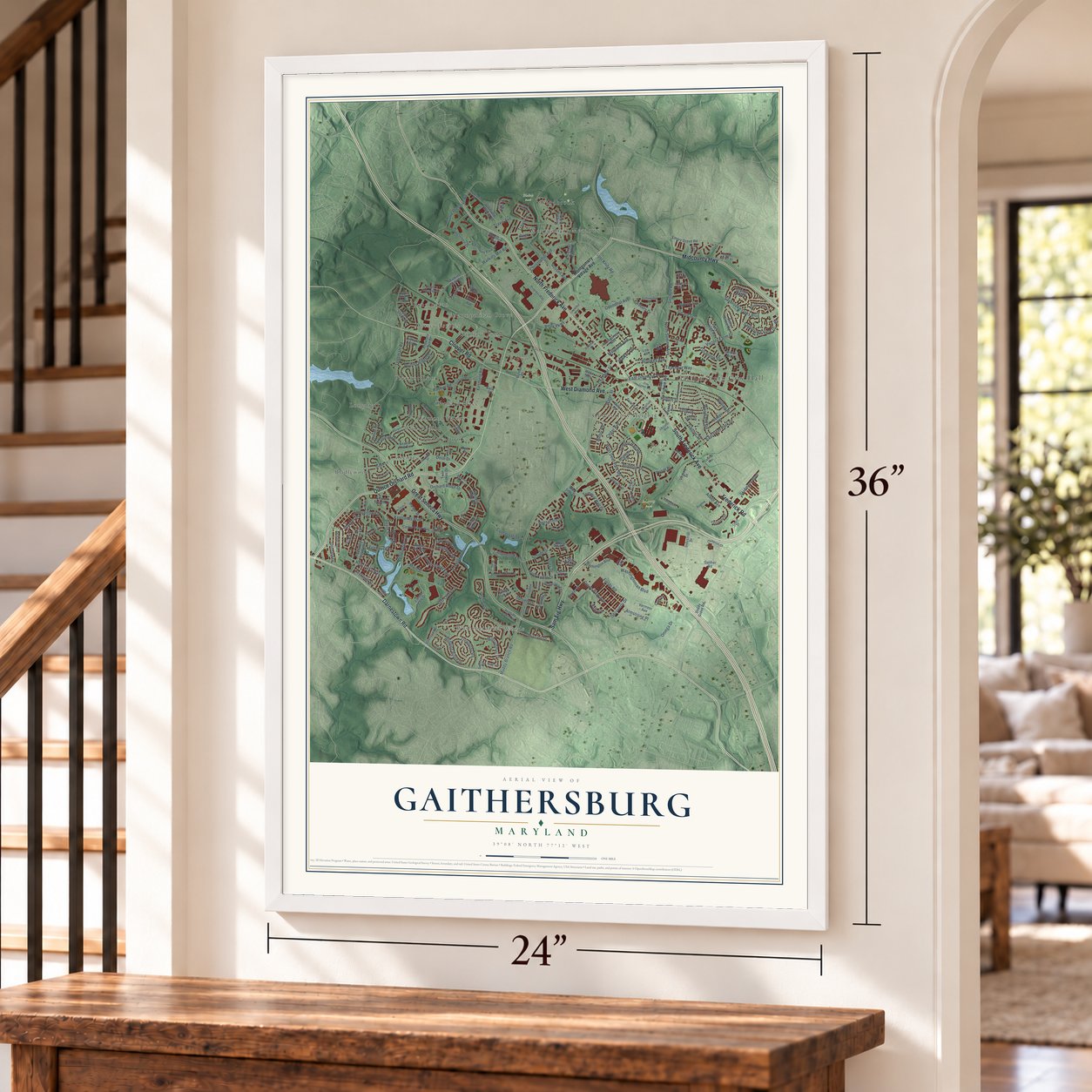 Gaithersburg, Maryland map, 24 x 36 inch print in a white frame by a staircase