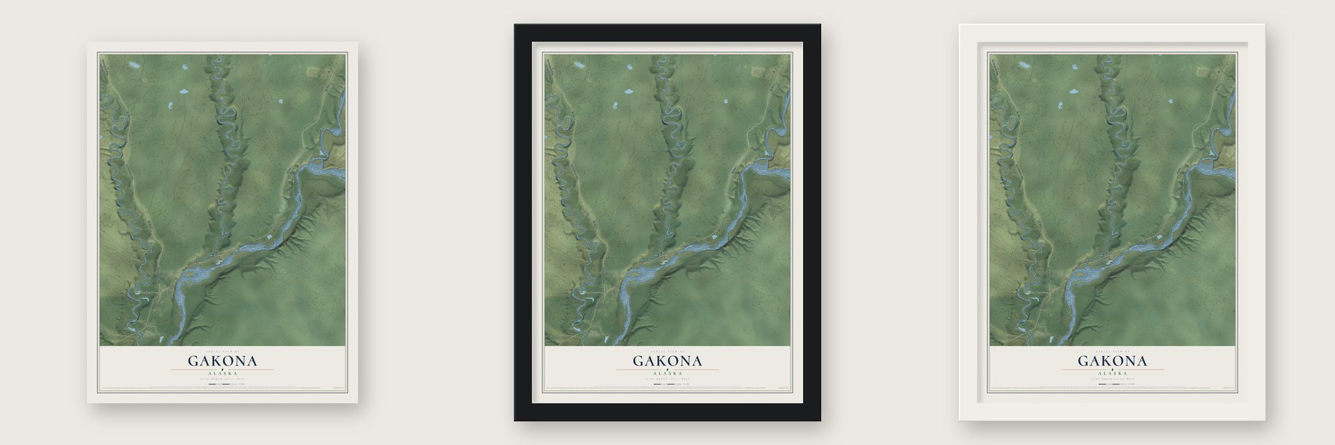 Gakona, Alaska map unframed, in a black wood frame and in a white wood frame