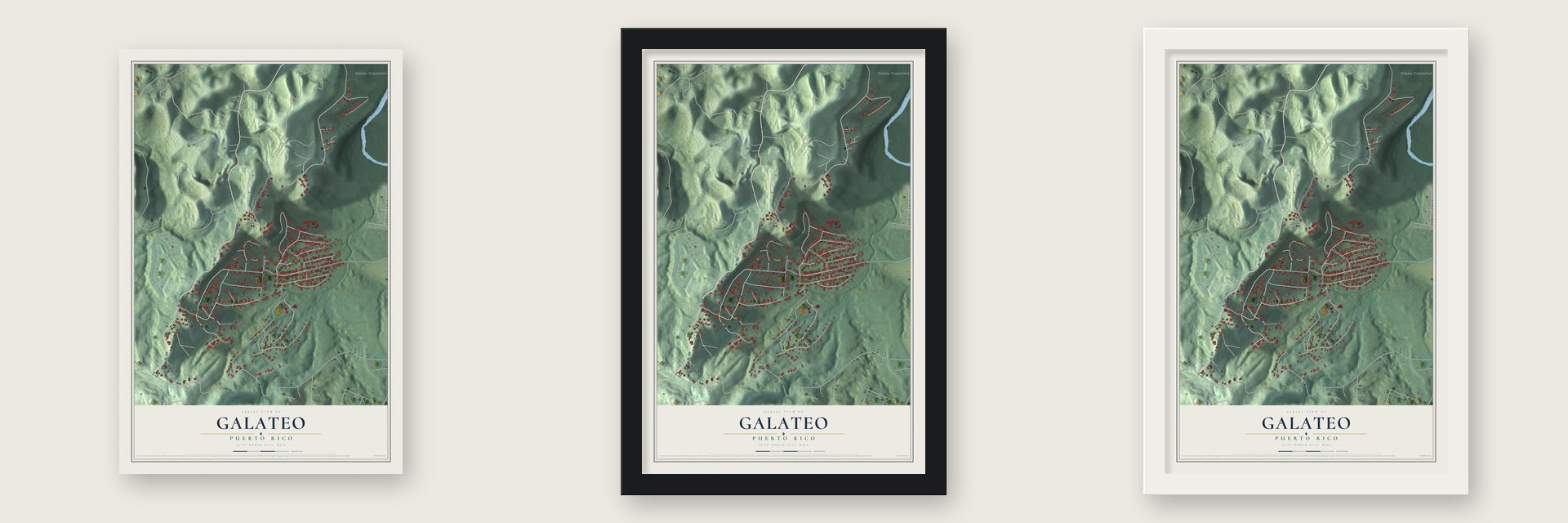 Galateo, Puerto Rico map unframed, in a black wood frame and in a white wood frame