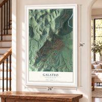 Galateo, Puerto Rico map, 24 x 36 inch print in a white frame by a staircase