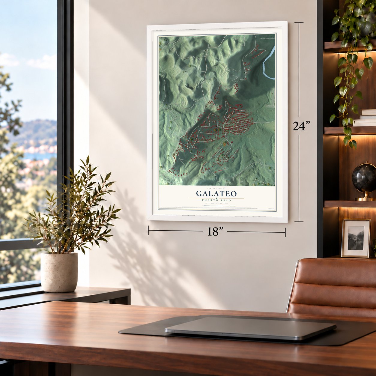 Galateo, Puerto Rico map, 18 x 24 inch print in a white frame in a home office