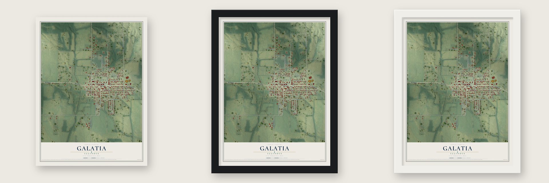 Galatia, Illinois map unframed, in a black wood frame and in a white wood frame