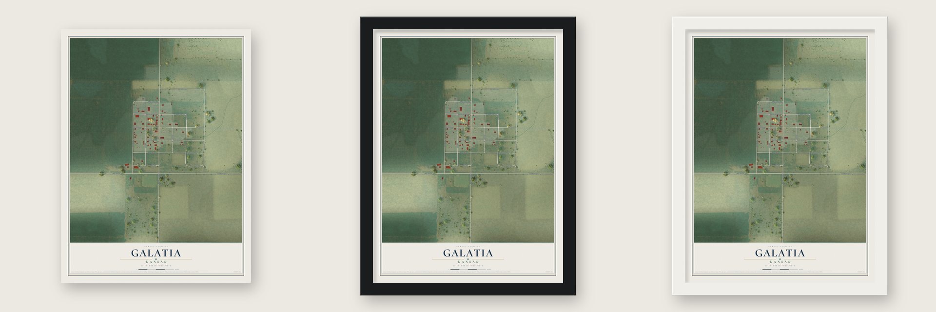 Galatia, Kansas map unframed, in a black wood frame and in a white wood frame