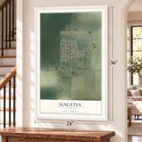 Galatia, Kansas map, 24 x 36 inch print in a white frame by a staircase