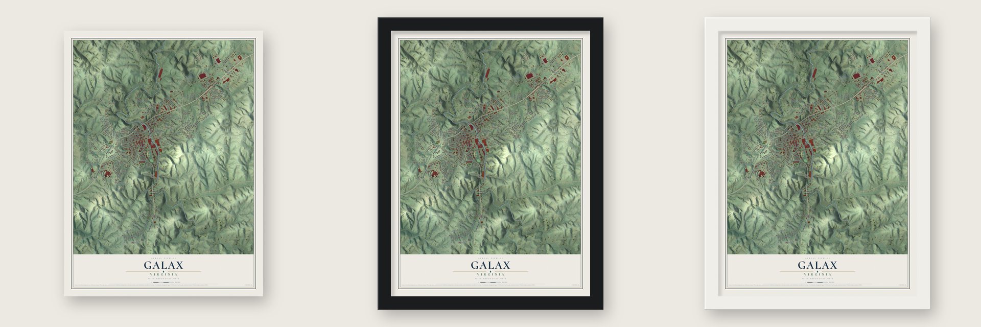 Galax, Virginia map unframed, in a black wood frame and in a white wood frame