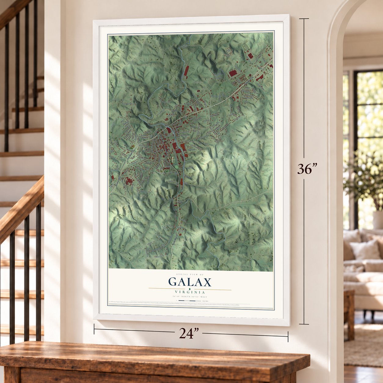 Galax, Virginia map, 24 x 36 inch print in a white frame by a staircase