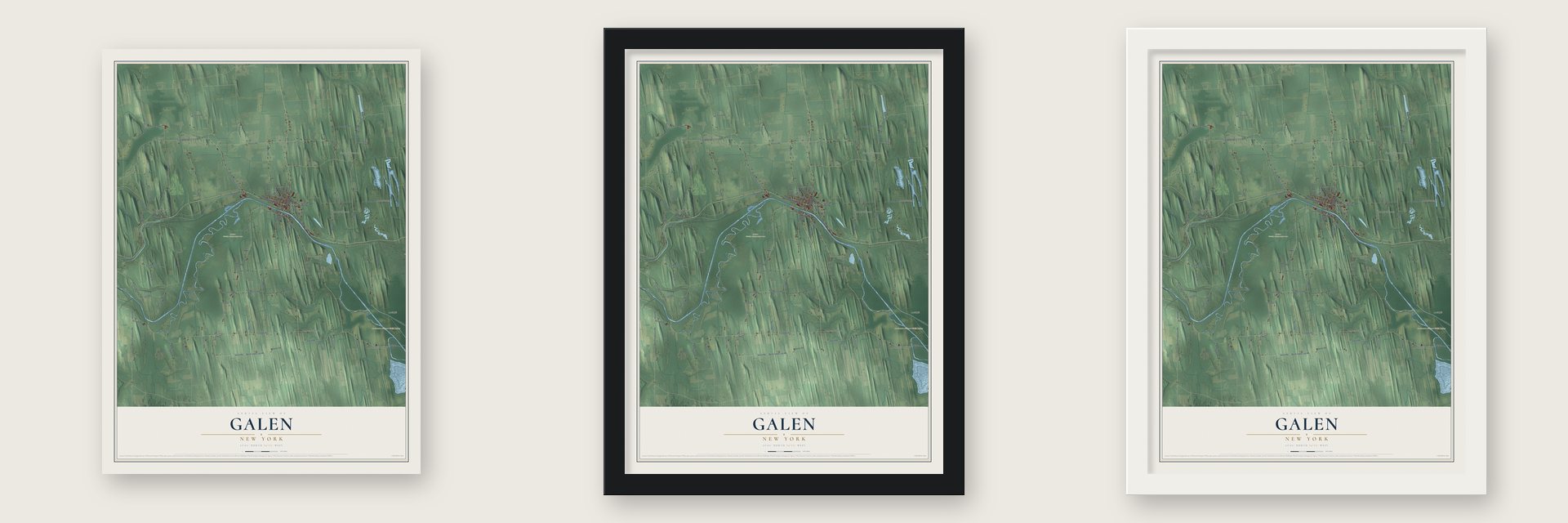 Galen, New York map unframed, in a black wood frame and in a white wood frame