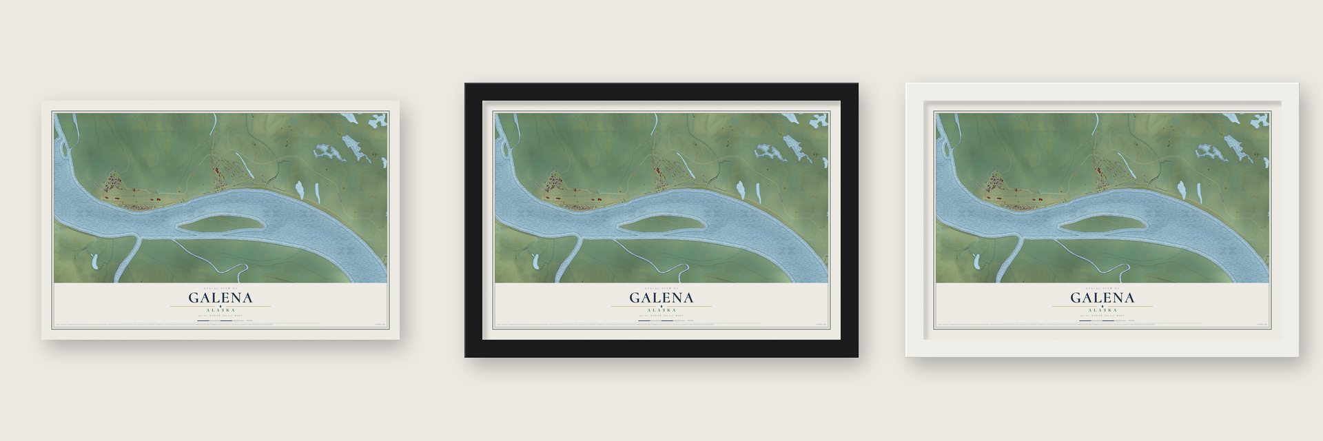 Galena, Alaska map unframed, in a black wood frame and in a white wood frame