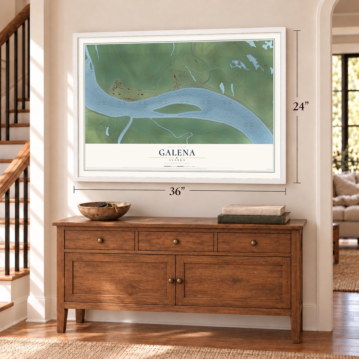 Galena, Alaska map, 24 x 36 inch print in a white frame above a dresser by a staircase