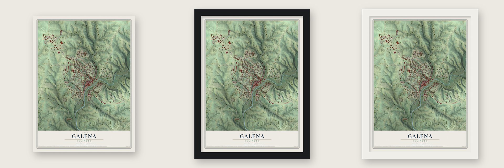 Galena, Illinois map unframed, in a black wood frame and in a white wood frame