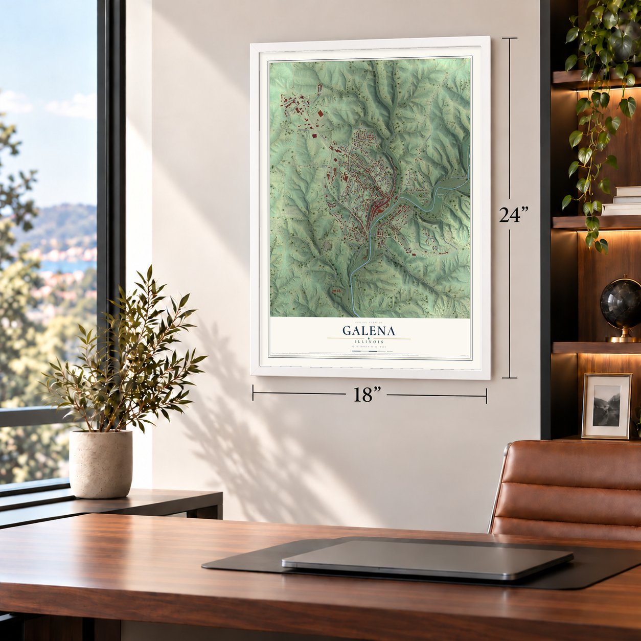 Galena, Illinois map, 18 x 24 inch print in a white frame in a home office