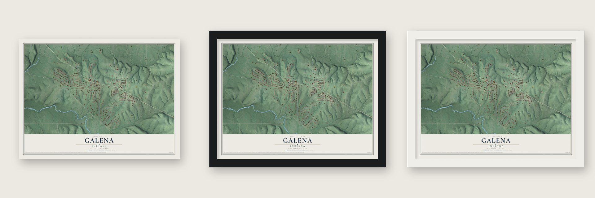 Galena, Indiana map unframed, in a black wood frame and in a white wood frame