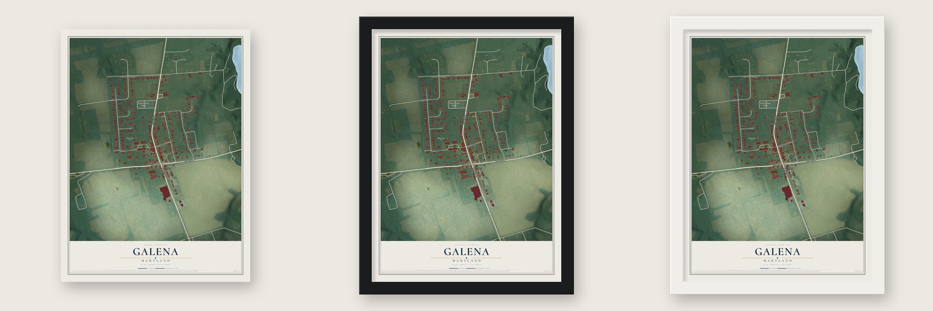 Galena, Maryland map unframed, in a black wood frame and in a white wood frame