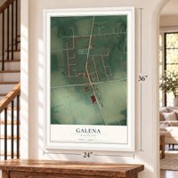 Galena, Maryland map, 24 x 36 inch print in a white frame by a staircase