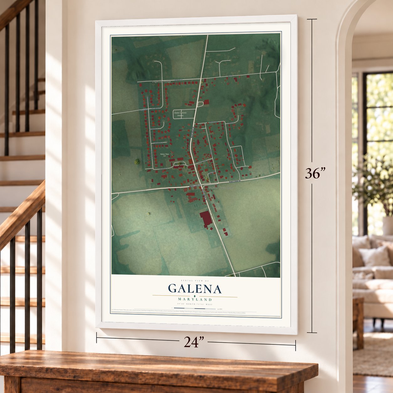 Galena, Maryland map, 24 x 36 inch print in a white frame by a staircase