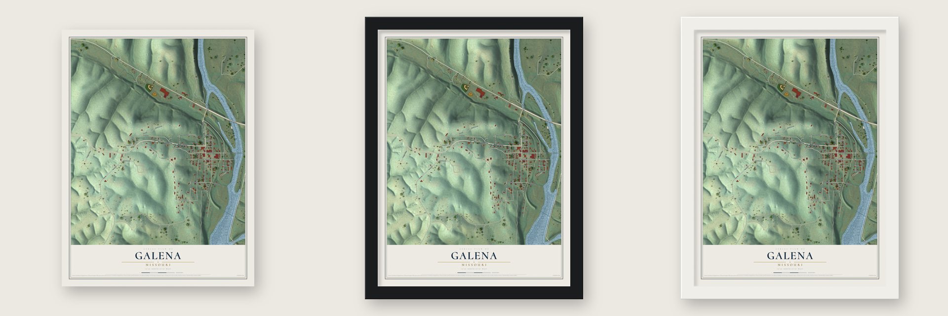 Galena, Missouri map unframed, in a black wood frame and in a white wood frame