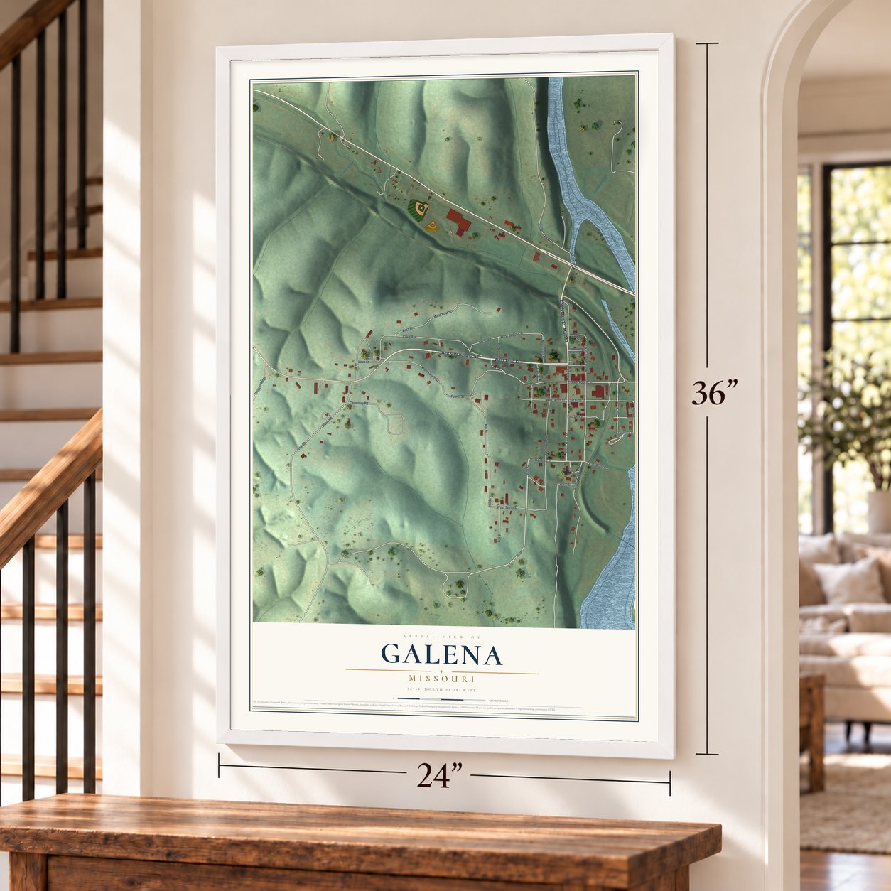 Galena, Missouri map, 24 x 36 inch print in a white frame by a staircase