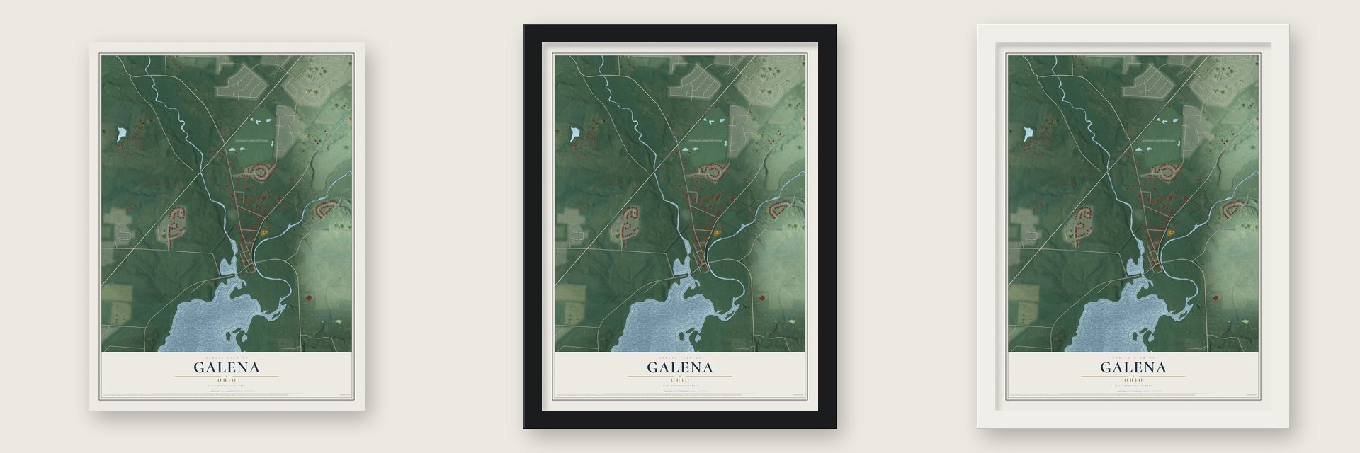 Galena, Ohio map unframed, in a black wood frame and in a white wood frame