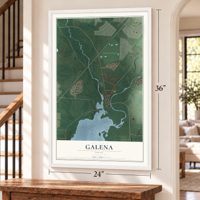 Galena, Ohio map, 24 x 36 inch print in a white frame by a staircase