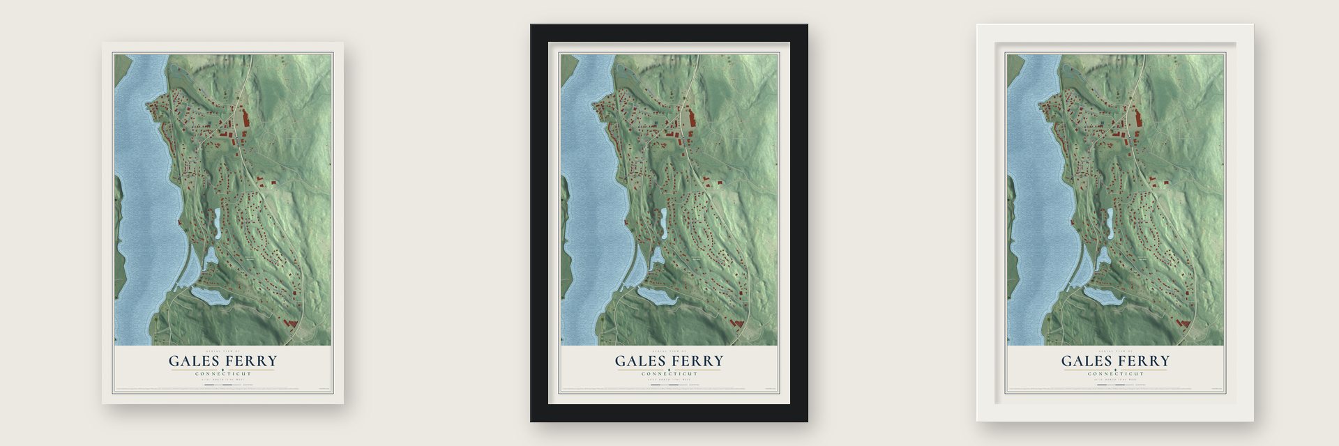 Gales Ferry, Connecticut map unframed, in a black wood frame and in a white wood frame