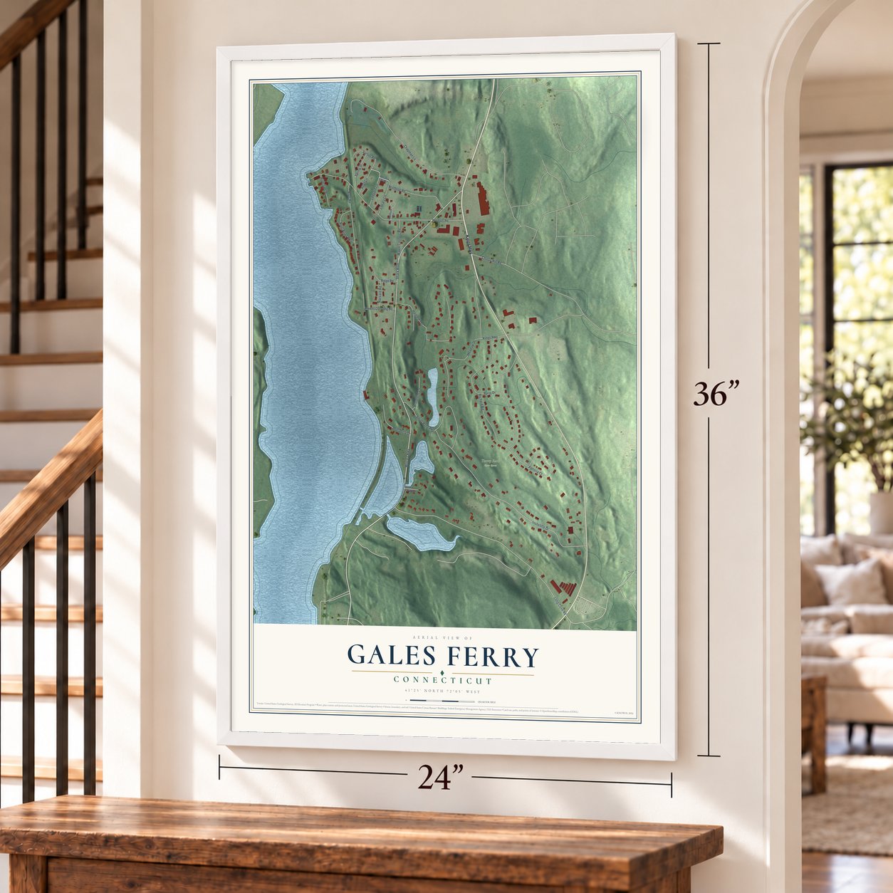 Gales Ferry, Connecticut map, 24 x 36 inch print in a white frame by a staircase