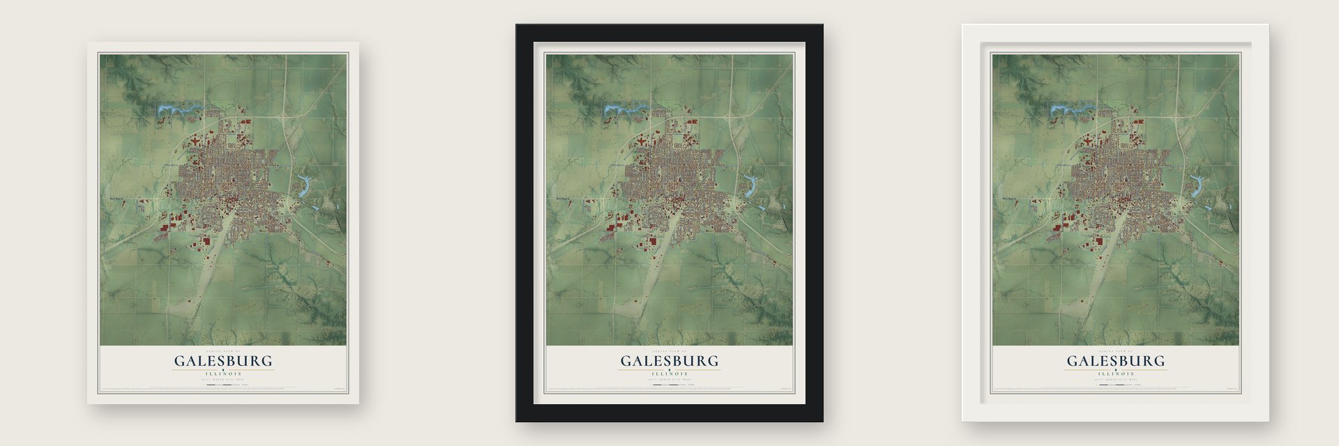 Galesburg, Illinois map unframed, in a black wood frame and in a white wood frame