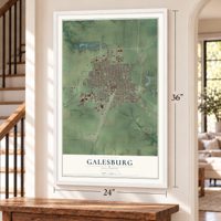 Galesburg, Illinois map, 24 x 36 inch print in a white frame by a staircase