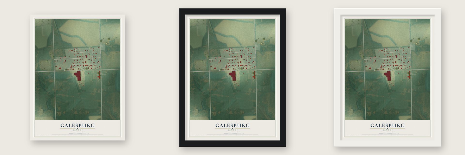 Galesburg, Kansas map unframed, in a black wood frame and in a white wood frame