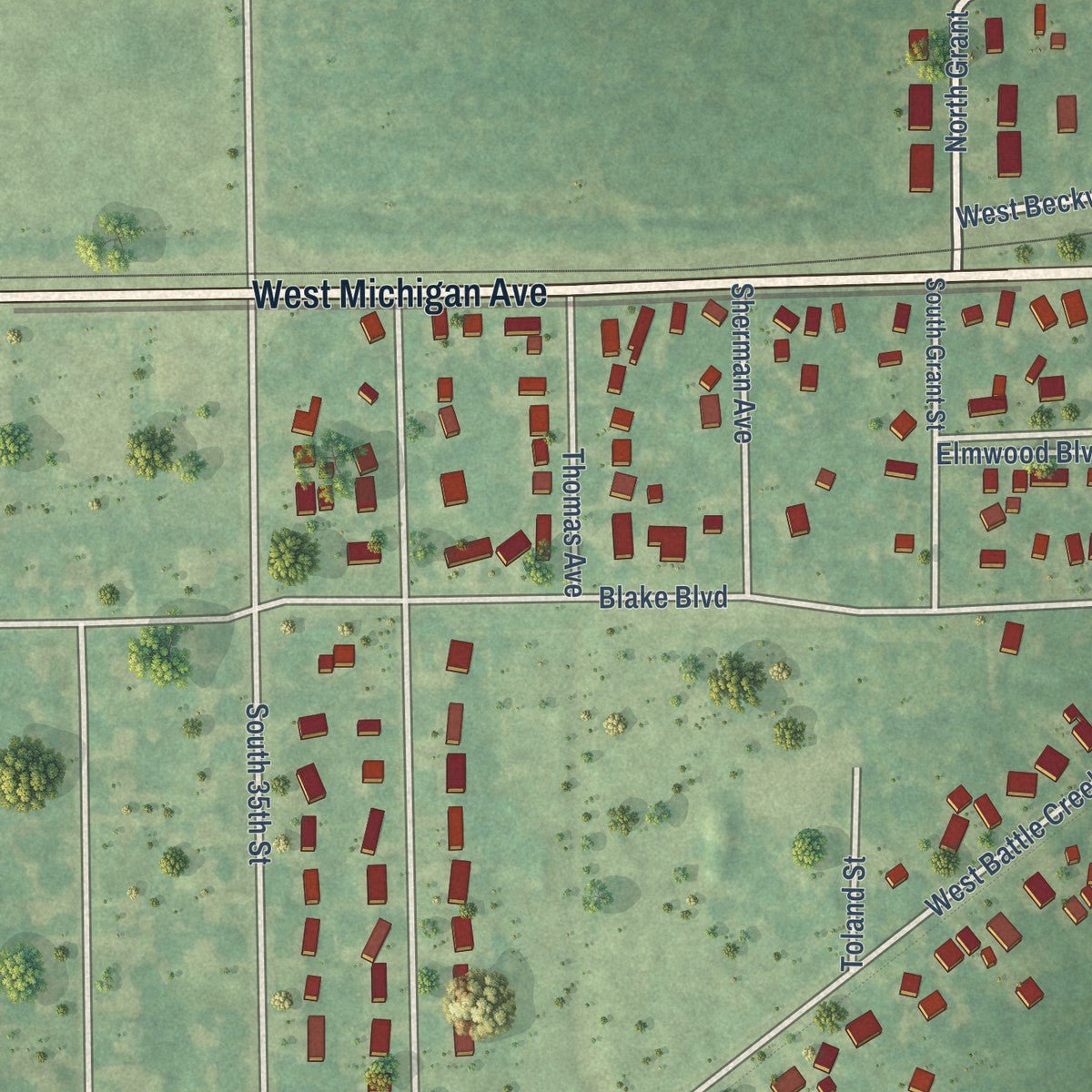 Second close-up of the map of Galesburg, Michigan print showing more streets and buildings