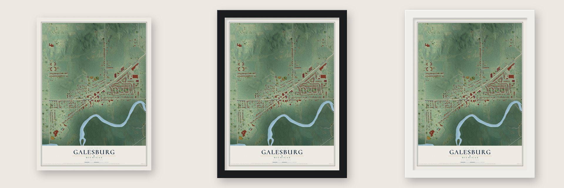 Galesburg, Michigan map unframed, in a black wood frame and in a white wood frame