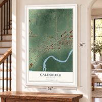 Galesburg, Michigan map, 24 x 36 inch print in a white frame by a staircase
