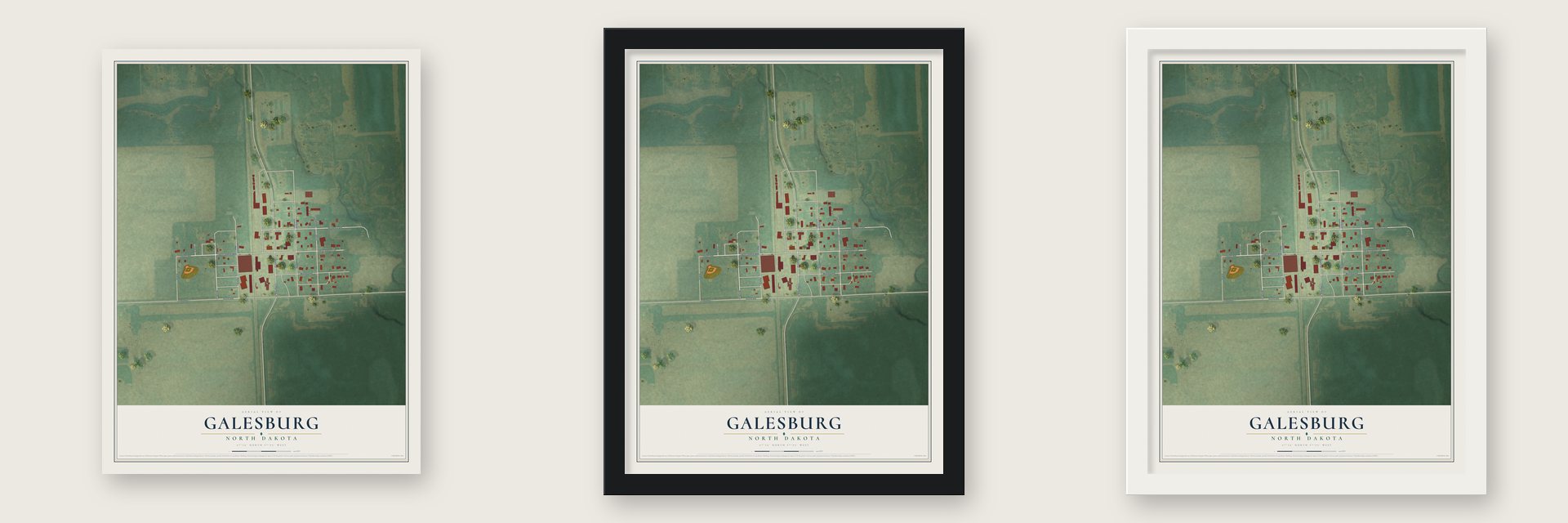 Galesburg, North Dakota map unframed, in a black wood frame and in a white wood frame
