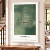 Galesburg, North Dakota map, 24 x 36 inch print in a white frame by a staircase