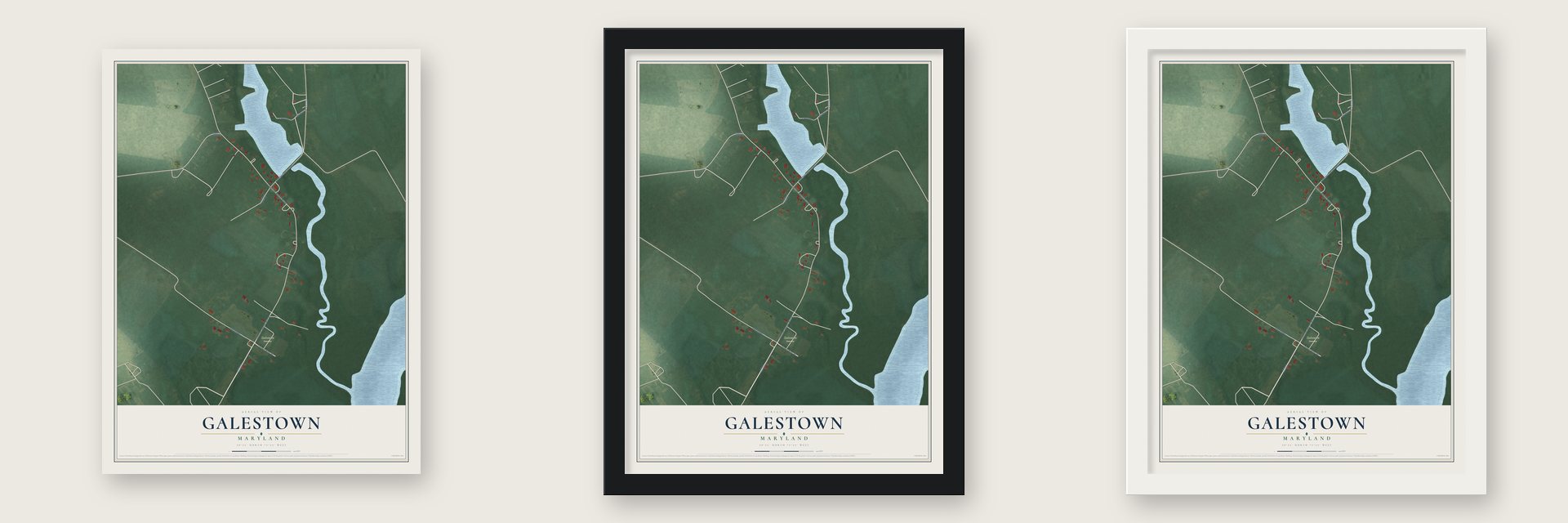 Galestown, Maryland map unframed, in a black wood frame and in a white wood frame