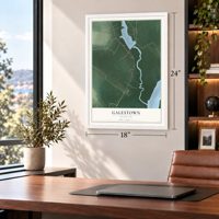 Galestown, Maryland map, 18 x 24 inch print in a white frame in a home office