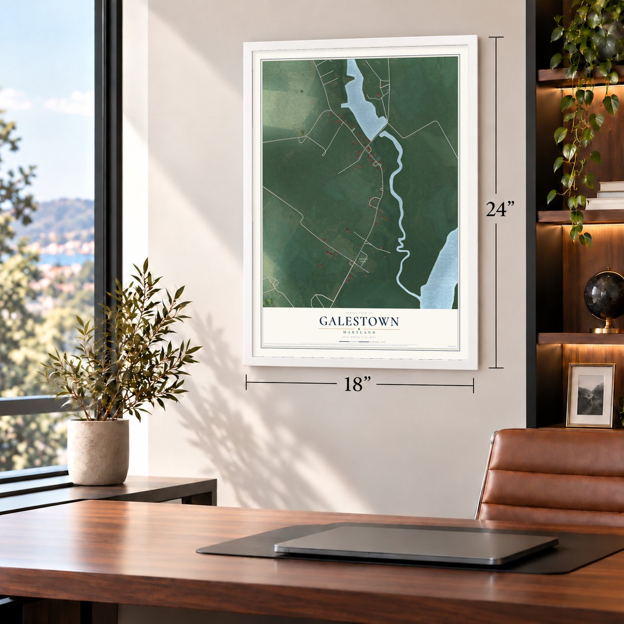 Galestown, Maryland map, 18 x 24 inch print in a white frame in a home office